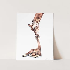 Art Print Giraffe Mom and Baby Kiss Painting Giraffes Zoo Animals Watercolor Mom and Baby Nursery Shower Gift Cute
