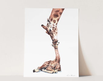 Art Print Giraffe Mom and Baby Kiss Painting Giraffes Zoo Animals Watercolor Mom and Baby Nursery Shower Gift Cute