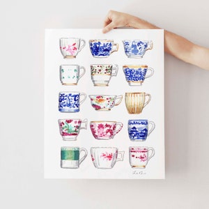 China Teacups Watercolor Art Print, Chinoiserie Painting, Antique Tea Cups Wall Decor, Grandmillennial Home, Southern Preppy Gift for Her image 2