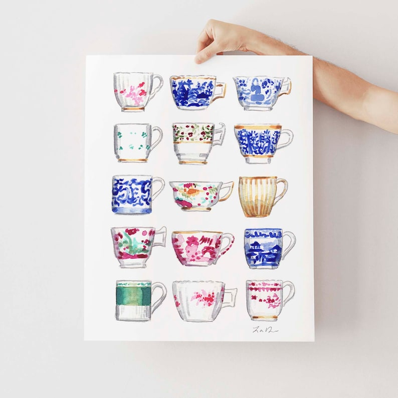 China Teacups Watercolor Art Print, Chinoiserie Painting, Antique Tea Cups Wall Decor, Grandmillennial Home, Southern Preppy Gift for Her image 2