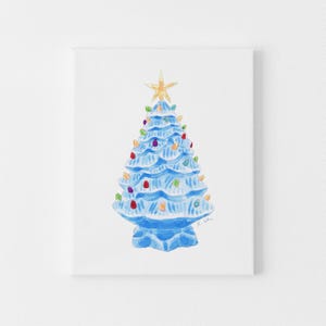 Lámina artística Árbol de Navidad de cerámica vintage azul - Navidad vintage, Navidad kitsch, arte preppy, arte de mediados de siglo, arte nostálgico, acuarela imagen 3