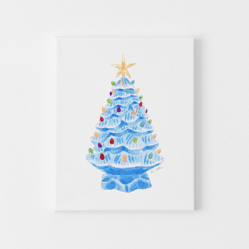 Lámina artística Árbol de Navidad de cerámica vintage azul - Navidad vintage, Navidad kitsch, arte preppy, arte de mediados de siglo, arte nostálgico, acuarela imagen 3
