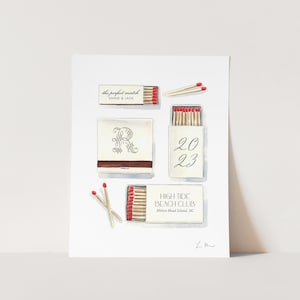Custom Matchbooks Art Print, Couple Gift, Wedding Matches Collage, Matches Art, Watercolor Painting, Paper First Anniversary, Keepsake Gift