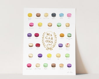 Art Print Macarons of Paris France Kitchen Illustration Macaron Flavors Macaroons Pastry Dessert Home Wall Decor