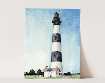Art Print Bodie Island Lighthouse - North Carolina Art, Outer Banks Art, Watercolor Painting, Light House Art, Bodie Island Lighthouse Art