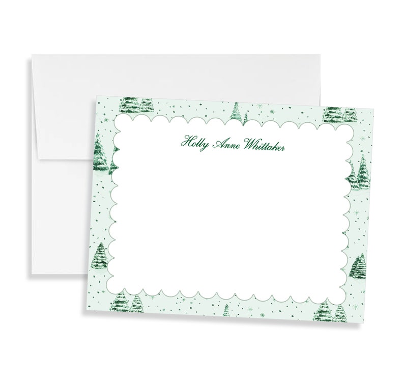 Green Pine Tree Toile Notecard Set, Personalized Winter Toile Blank Cards, Vintage Preppy Christmas Tree Stationery, Custom Hostess Gift image 7