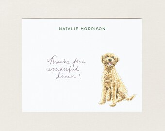 May include: A white rectangular stationery card featuring the printed name NATALIE MORRISON at the top center. The card includes handwritten text that reads Thanks for a wonderful dinner! and a watercolor illustration of a golden doodle dog.