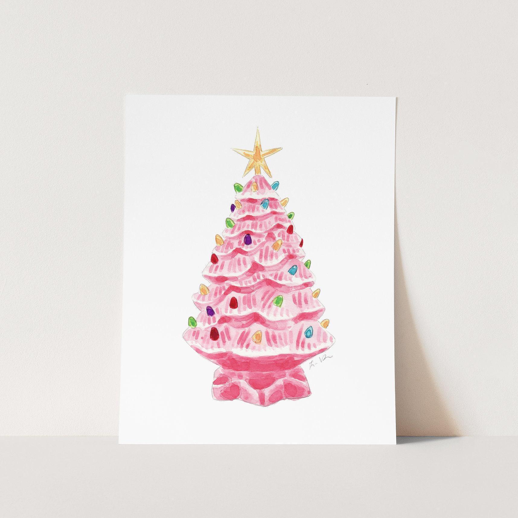 Vintage Pink Ceramic Christmas Tree Art Print, Light Up Xmas Tree, Holiday Kitsch Wall Decor, Preppy Holiday Gift, Watercolor Painting