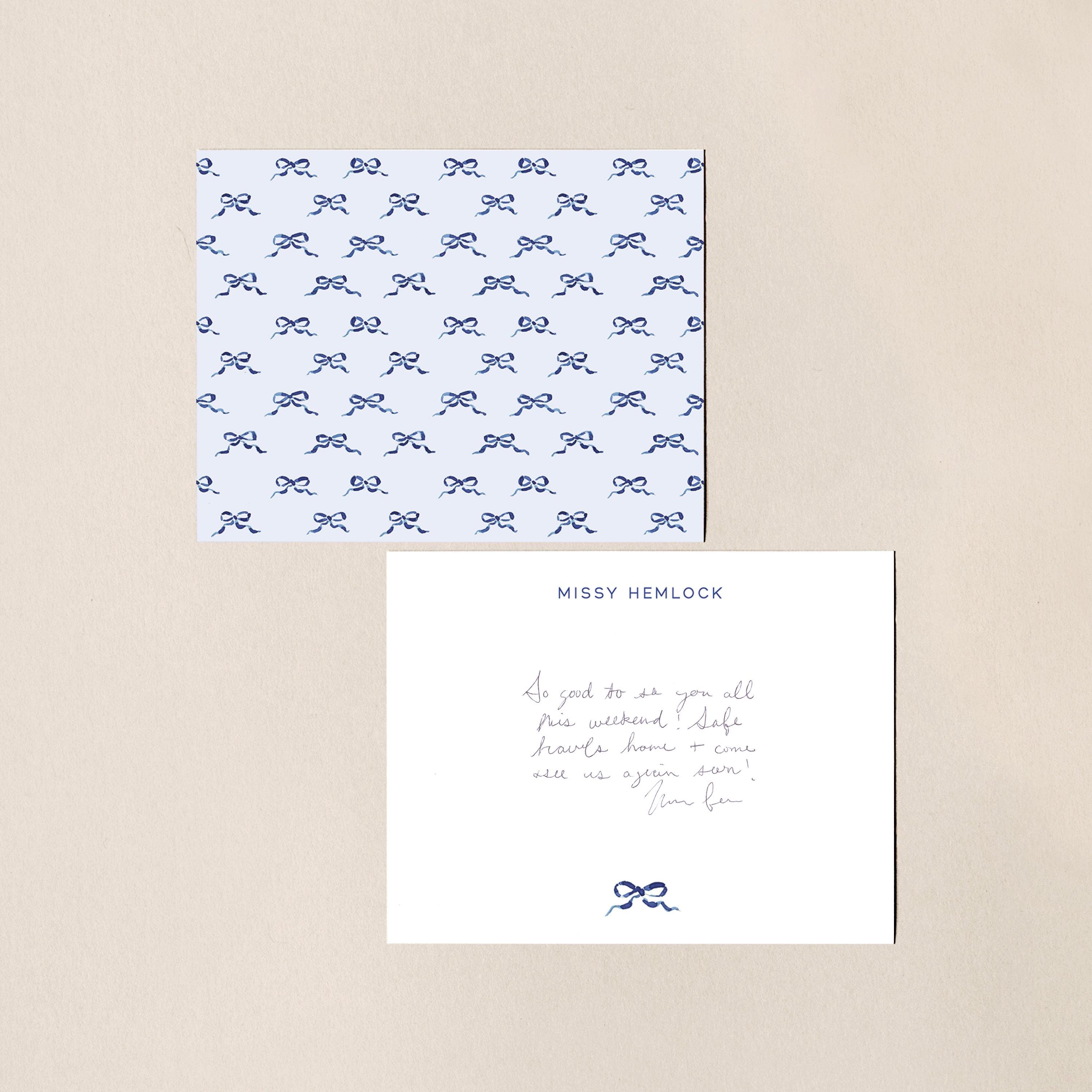 Something Blue Ribbon Bow Print Notecards, Custom Stationery Suite, Vintage Preppy Hostess Gift, Pretty Pattern, Cute Personalized Cards