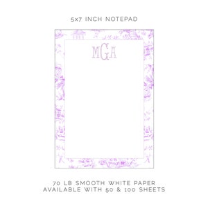 Personalized Notepad Light Violet Chinoiserie Toile Pattern Monogram Your Name Note Pad Chic Office Bridesmaid Custom Gift for Her image 2