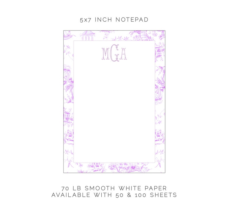 Personalized Notepad Light Violet Chinoiserie Toile Pattern Monogram Your Name Note Pad Chic Office Bridesmaid Custom Gift for Her image 2