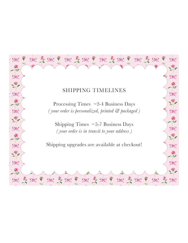 a shipping timeline for a personalized, printed, and packaged order. The order is processed in 2-4 business days, and the shipping times are 5-7 business days. The shipping upgrades are available at checkout.