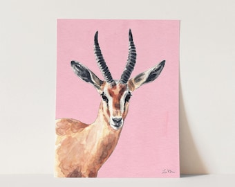 Art Print Gazelle on Pink - Animal Portrait Art, Safari Art, Safari Nursery Art, Antelope Art, Watercolor Painting, Animal Wall Decor