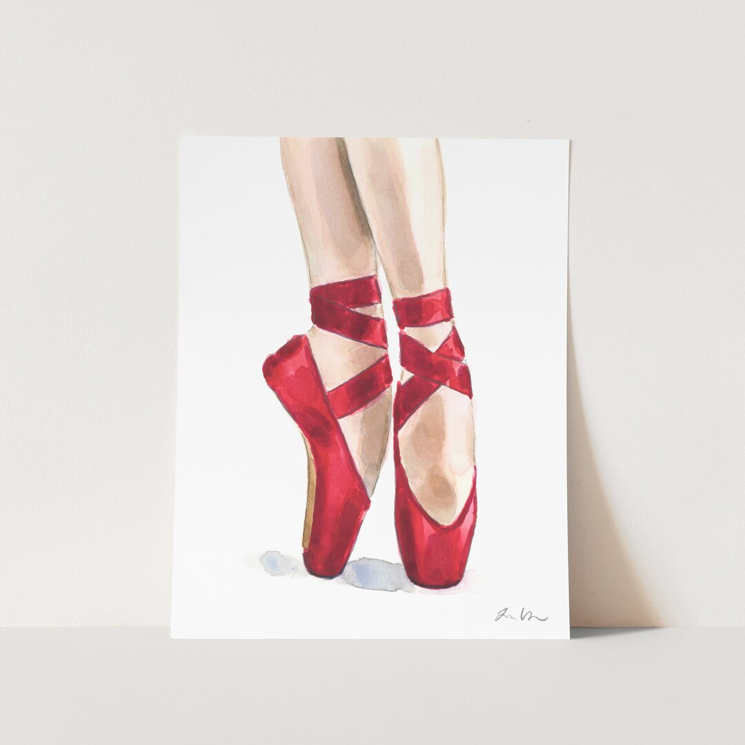 Red Pointe Shoes Art Print, Red Shoes Art, Ballet Slippers Painting