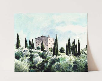 Art Print Tuscany Countryside Italy Watercolor Painting Italian Wall Home Decor