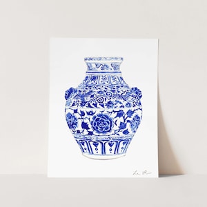 Chinoiserie Ginger Jar Vase No. 4 Art Print, Southern Preppy Painting, Blue White Watercolor, Grandmillennial Wall Decor, Palm Beach Style