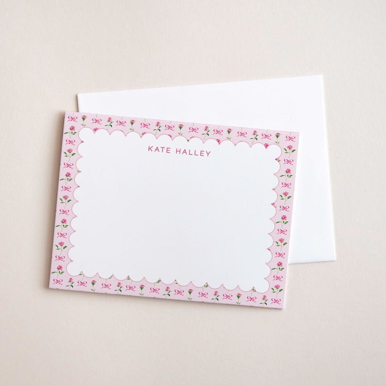 Pink Roses and Bows Stationery, Personalized Coquette Notecard Set, Custom Feminine Floral Scalloped Note Cards, Bridesmaid Proposal Gift image 7
