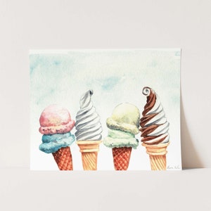 Art Print Ice Cream Soft Serve and Hand Dipped Cones Pastel Watercolor Painting Wall Home Decor Swirl Cute Preppy Gift for Her