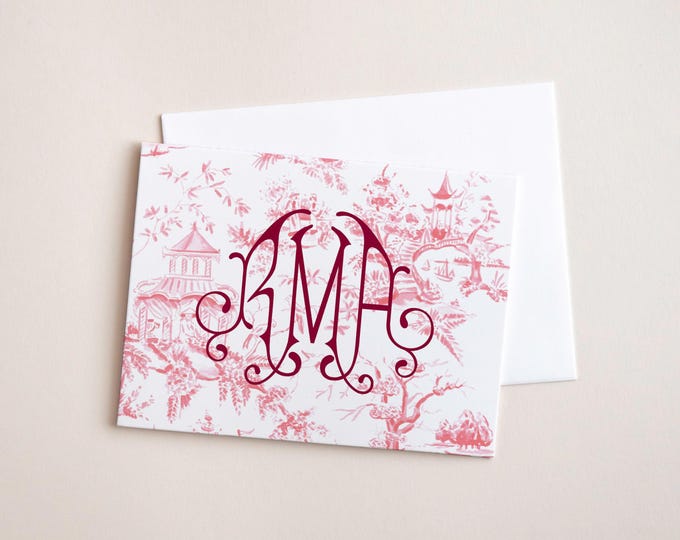 Red Chinoiserie Toile Monogram Stationery, Personalized Notecards, Custom Hostess Gift, Bridesmaid Gift, Southern Preppy, Grandmillennial