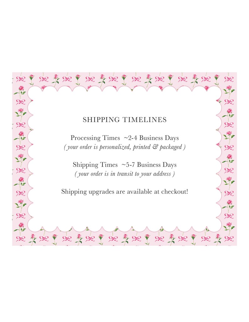 a shipping timeline for a personalized, printed, and packaged order. The order is processed in 2-4 business days, and the shipping times are 5-7 business days. The shipping upgrades are available at checkout.