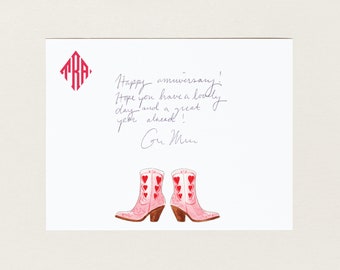 Personalized Stationery - Cowboy Boots Pink Hearts - Note Cards Texas Southern Western Style Monogram Bridesmaid Cute Gift Thank You Notes