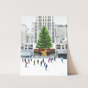 Rockefeller Tree Ice Skating Art Print, Winter City Scene Watercolor, Winter Ice Skating Decor, New York City Christmas, Manhattan Holiday