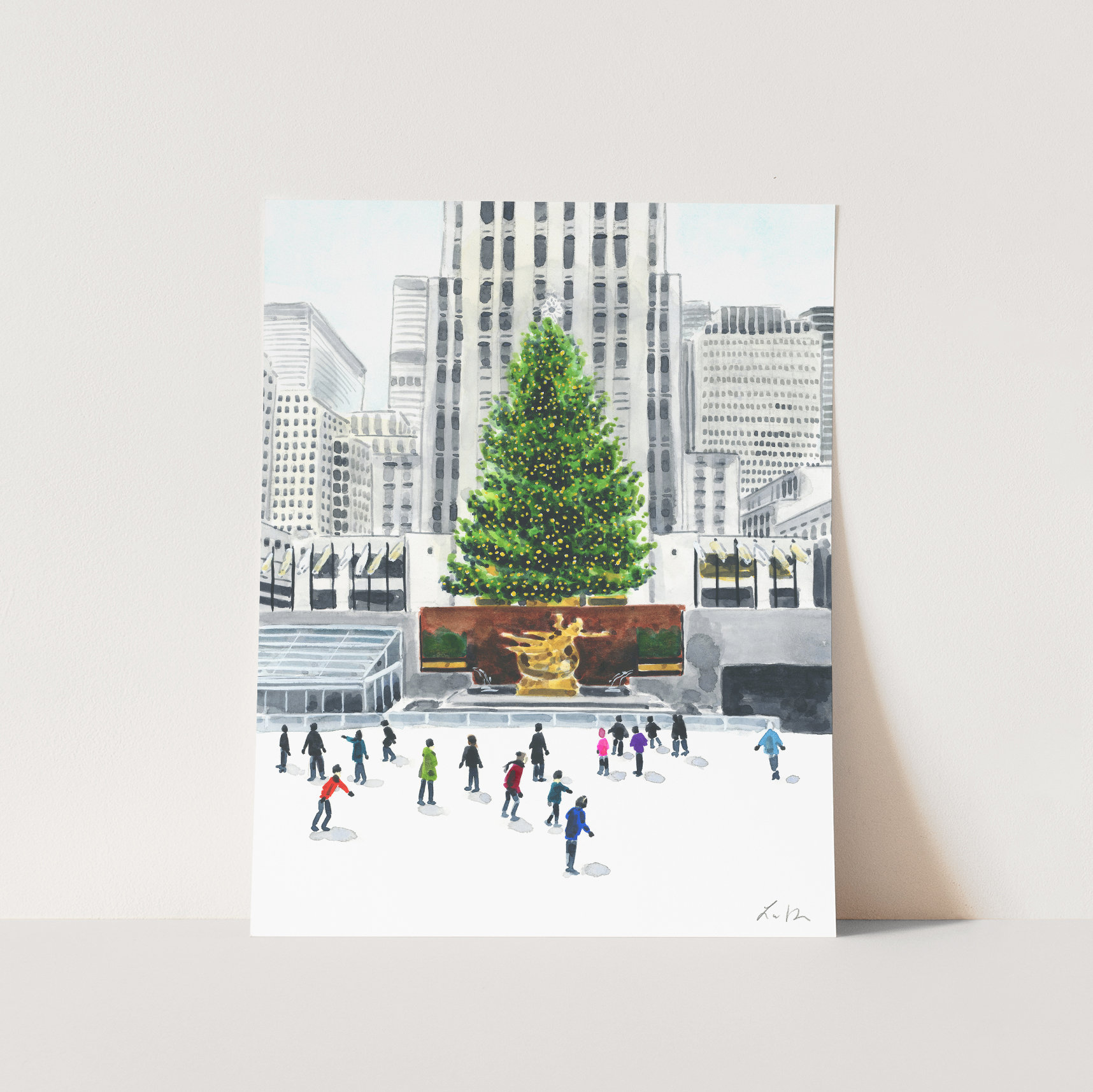 Rockefeller Tree Ice Skating Art Print, Winter City Scene Watercolor, Winter Ice Skating Decor, New York City Christmas, Manhattan Holiday