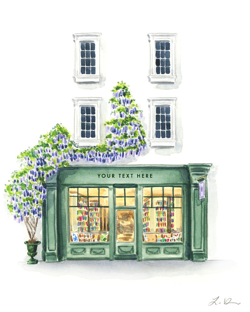 Custom Bookstore Art Print, Wisteria Bookshop Watercolor, Personalized Name Nursery Art, Whimsical Book Theme Home Decor, Cute Bookish Gift image 5