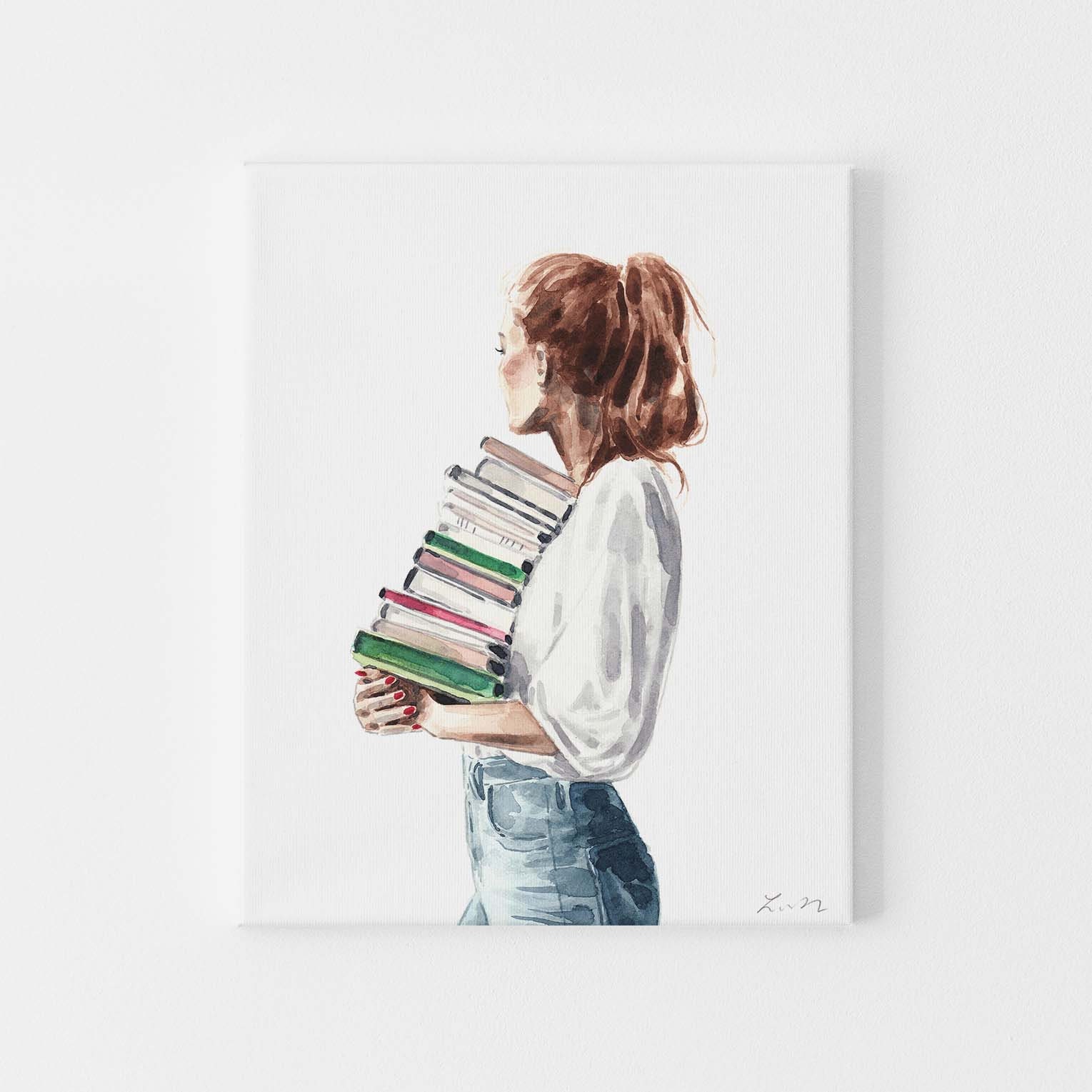Books Watercolor Painting Print Stack of Books Literature Art Book Lover  Illustration Watercolor Art Print, 8x10 
