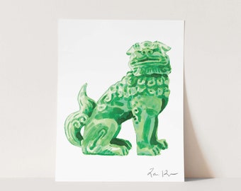 Art Print Green Foo Dog Painting Chinoiserie Hollywood Regency Wall Decor Asian Decor Chinese Green Jade