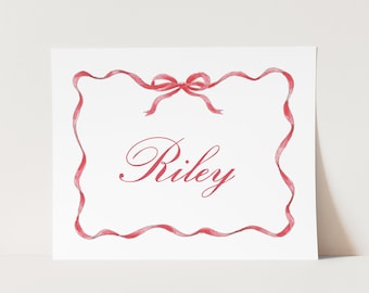 Custom Name Art Print, Coquette Red Bow Frame, Elegant Ribbon Bow Watercolor, Vintage Grandmillennial Style, Preppy Southern Dorm Room Decor