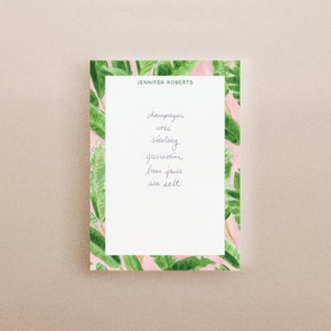 Personalized Notepad Green Banana Leaf Pattern on Pink - Your Name or Message - Chic Vintage Preppy Office Note Pad Bridesmaid Gift