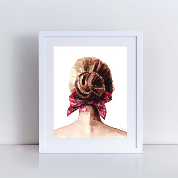 Art Print Girl With Hair Bun And Red Bandana Giclee Watercolor Etsy