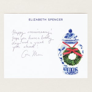 Personalized Holiday Stationery - Decorated Blue and White Ginger Jar - Customized Preppy Southern Christmas Note Cards - Hostess Gift