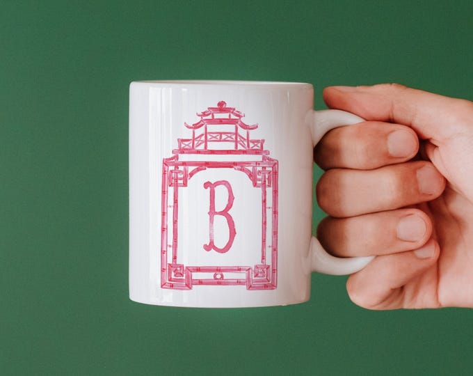 Personalized Mug - Pink Pagoda Initial - Custom Chinoiserie Chic Southern Coworker Wedding Bridesmaid Mom Tea Coffee Lover Gift