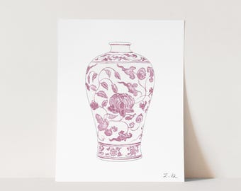 Subtle Pink Chinoiserie Fine Art Print, Preppy Girls Room Painting, Chinoiserie Watercolor Painting, Southern Girls College Dorm Decor