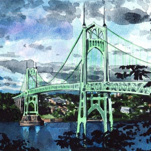 St Johns Bridge Art Print, Portland Oregon Watercolor, Willamette River Landscape, Pacific Northwest Gift, Portland Art Print, PNW Gift image 3