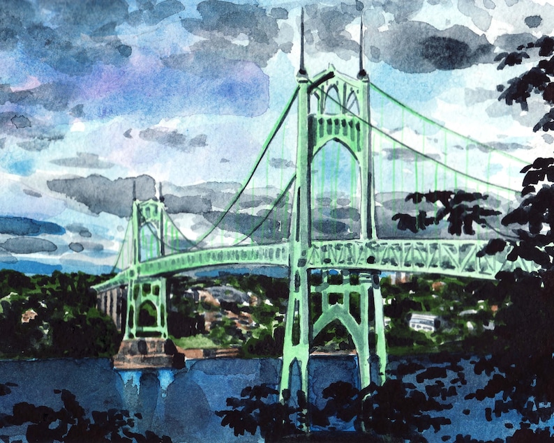 St Johns Bridge Art Print, Portland Oregon Watercolor, Willamette River Landscape, Pacific Northwest Gift, Portland Art Print, PNW Gift image 3