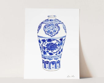 Art Print Blue and White Ginger Jar No. 3 - Preppy Art, Chinoiserie Art, Watercolor Painting, Grandmillennial, Palm Beach Style, Pretty Art