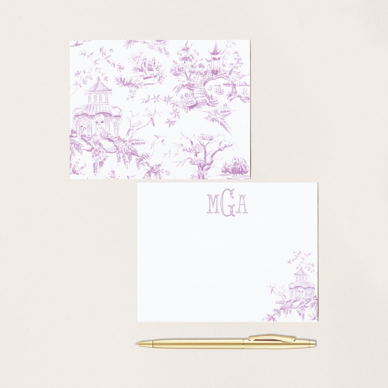 Monogram Chinoiserie Stationery, Violet Toile Pattern Stationery, Monogrammed Stationery Suite, Personalized Gift, Monogrammed Gift, Preppy image 9