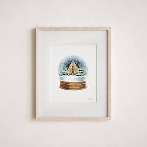 Winter Snowglobe Art Print, Christmas Cabin Watercolor Painting, Cozy Winter Decor, Scandinavian Snow Globe, Magical Holiday Night Scene zdjęcie 4