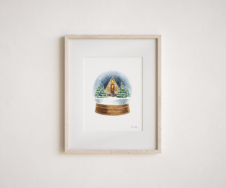 Winter Snowglobe Art Print, Christmas Cabin Watercolor Painting, Cozy Winter Decor, Scandinavian Snow Globe, Magical Holiday Night Scene zdjęcie 4