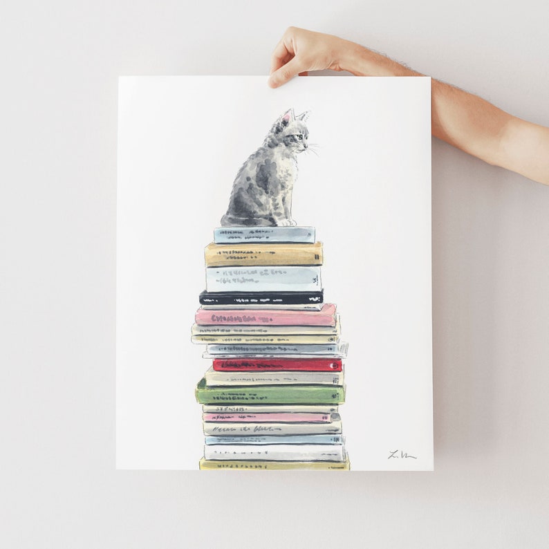 Bookstore Cat Art, Book Watercolor Illustration, Cat Lover Gift, Book Lover Gift, Kitten Art Print, Library Art Print, Bookshop Home Decor image 2