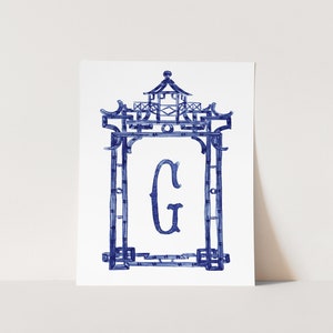 Navy Blue Pagoda Art Print, Preppy Chinoiserie Watercolor, Personalized Initial Painting, Custom Nursery Wall Art, Southern Dorm Decor