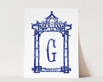 Navy Blue Pagoda Art Print, Preppy Chinoiserie Watercolor, Personalized Initial Painting, Custom Nursery Wall Art, Southern Dorm Decor