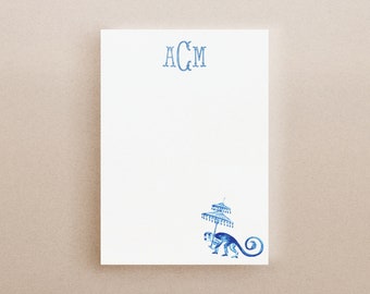 Personalized Notepad Blue Chinoiserie Monkey with Parasol - Monogram - Your Name - Chinoiserie Note Pad - Office - Custom Gift for Her