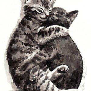 Kitty Hugs Art Print, Gray Cats Watercolor Painting, Tabby Cat Wall Decor, Cat Lover Gift, Animal Nursery Print, Friendship Art, Kitten Art image 4