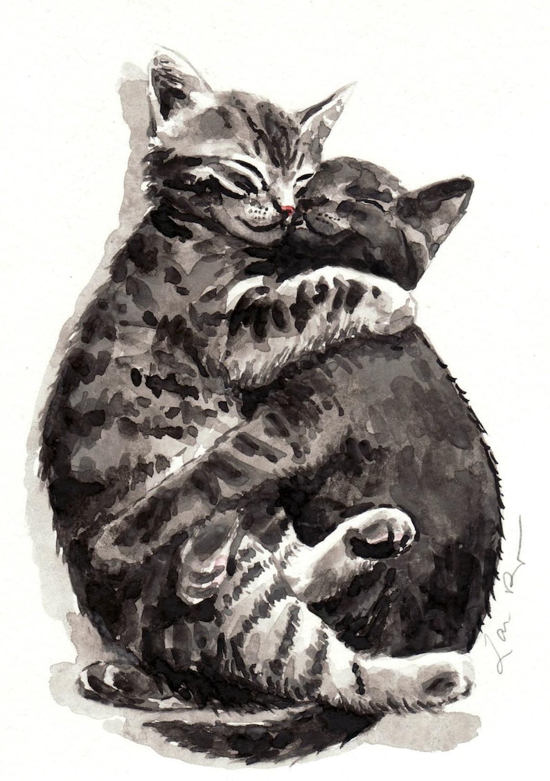 Kitty Hugs Art Print, Gray Cats Watercolor Painting, Tabby Cat Wall Decor, Cat Lover Gift, Animal Nursery Print, Friendship Art, Kitten Art image 4