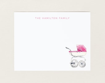 Custom Pink Pram Baby Carriage Stationery, Personalized Baby Notecard Set, Cute Baby Shower Gift, Preppy Newborn Gift, Grandmillennial Style