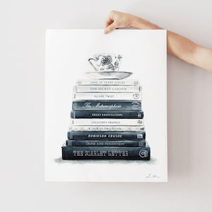 Lámina artística personalizada con diseño de libro n.° 4, arte personalizado para biblioteca con pilas de libros, regalo literario, decoración de pared con diseño de libro, regalo de agradecimiento para profesores, regalo de graduación. imagen 2